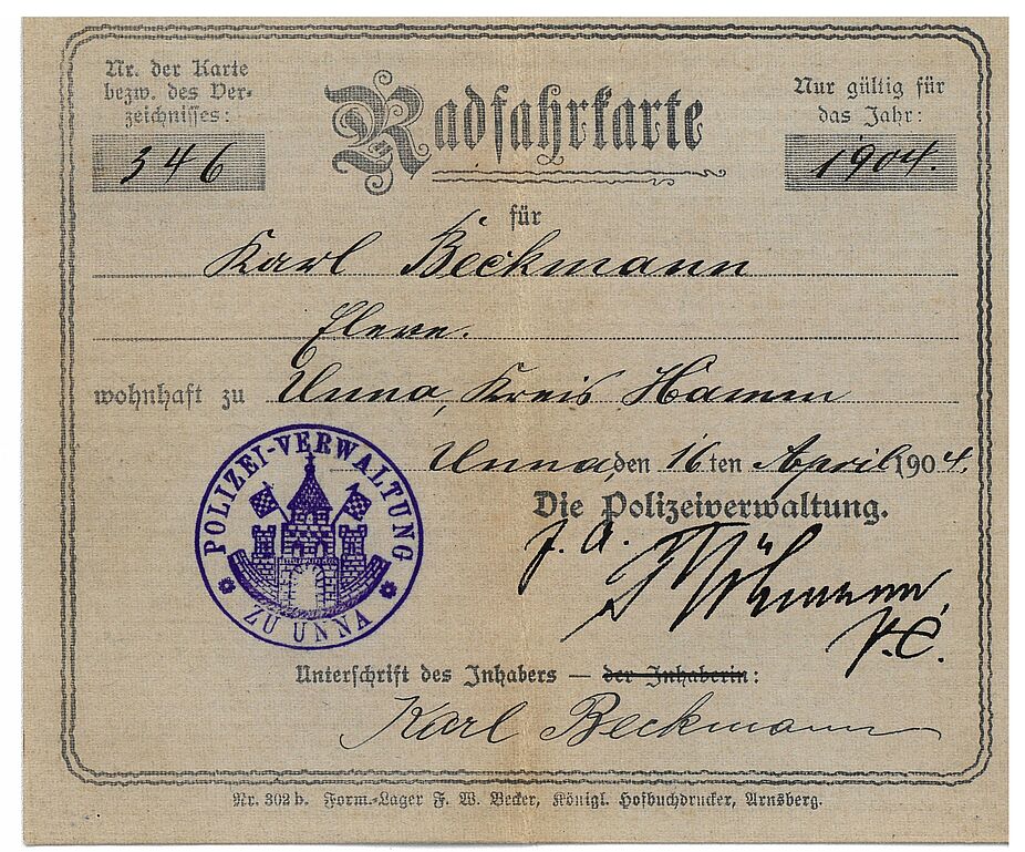 Radfahrkarte Karl Beckmann Radfahrkarte aus dem Jahr 1904 ausgesstellt in Unna.