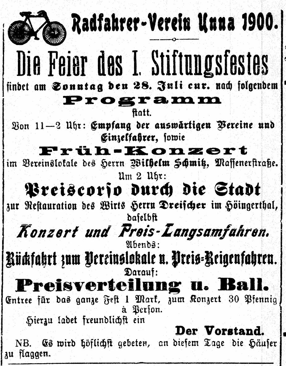 Annonce zum Ersten Stiftungsfest des Radfahrer-Vereins "Unna 1900"