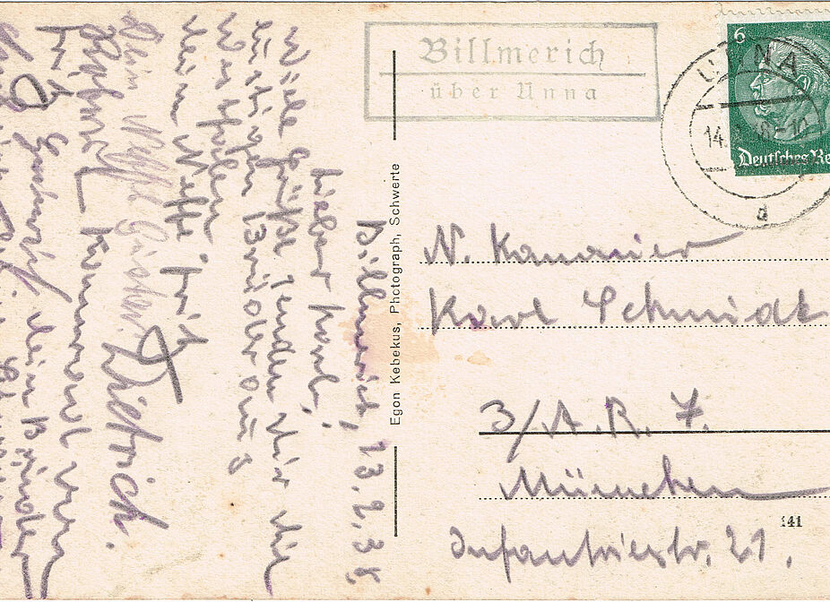 Postseite, gelaufen 14.2.1938