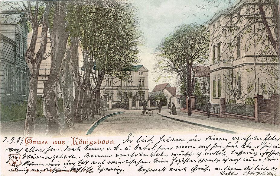 Postkarte (Lithographie) mit dem ersten Bild eines Fahrrades in Unna