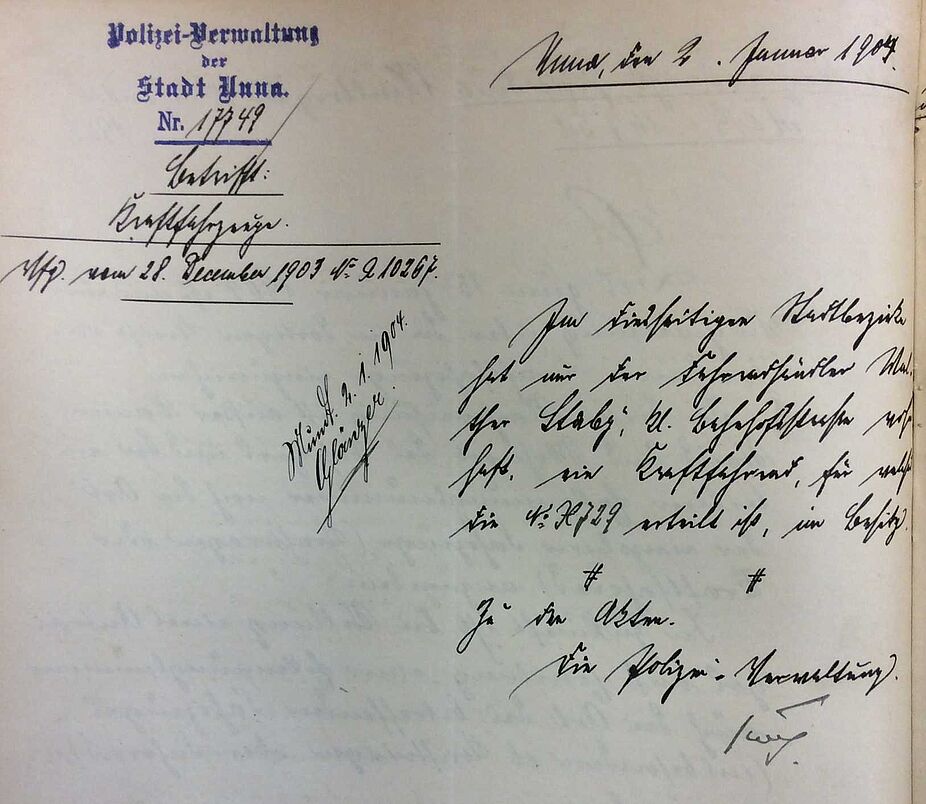 Polizei-Verwaltung Erstes Kraftrad am 2.1.1904