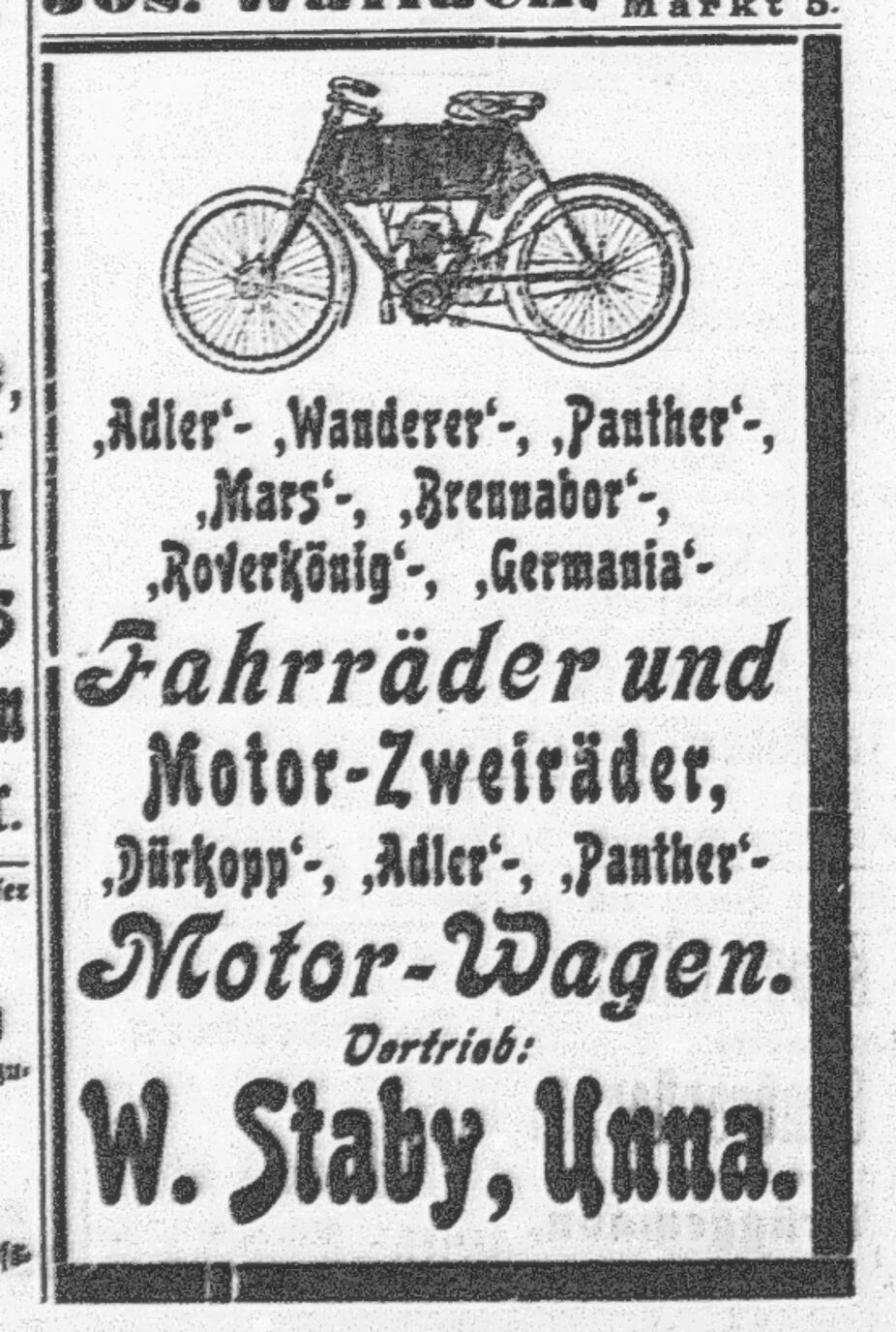 Staby verkauft Motor-Zweiräder und Motor-Wagen.
