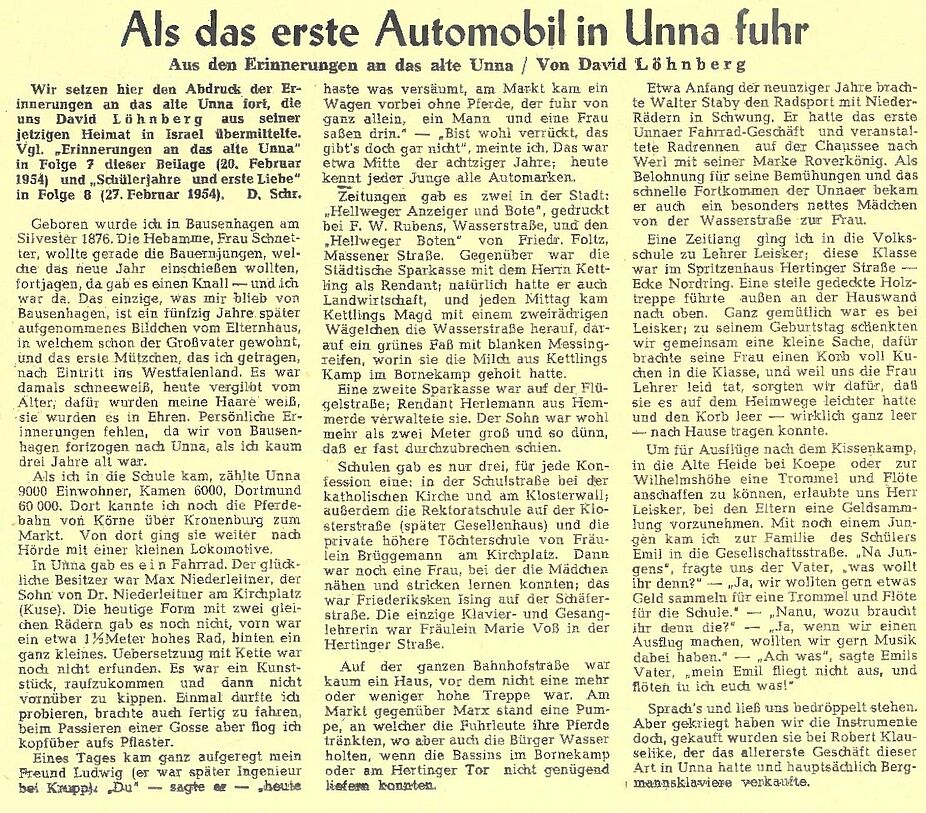 Als das Erste Automobil in Unna fuhr