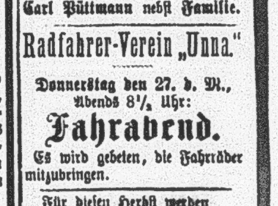 Annonce zum Fahrabend des Radfahrer-Verein Unna