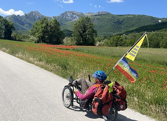 Eine Person auf einem liegenden Trike mit Friedensflagge und Gepäcktaschen fährt auf einer Landstraße entlang eines rot blühenden Mohnblumenfeldes mit Bergkulisse im Hintergrund unter blauem Himmel.